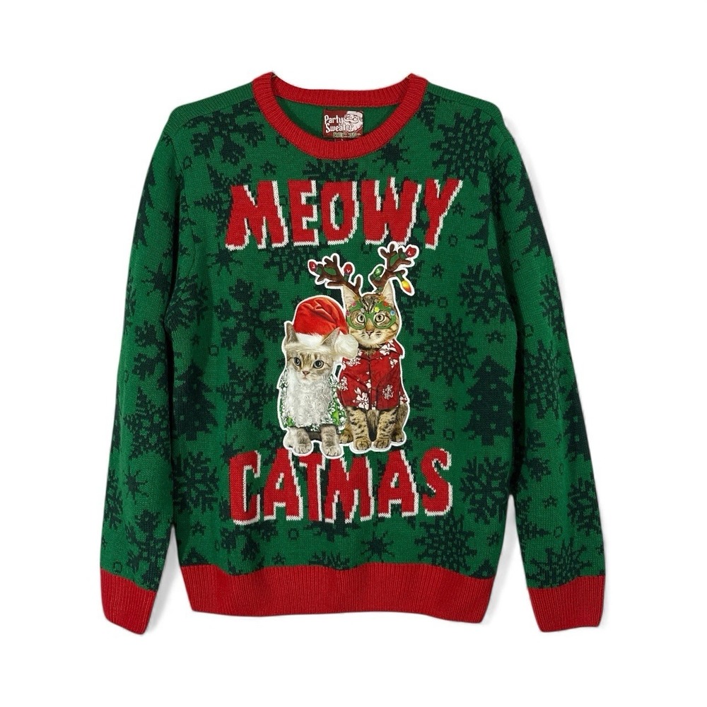 Meowy Catmas Sweater Womens Large Green Red Christmas‎ Holiday Party Cat Size L